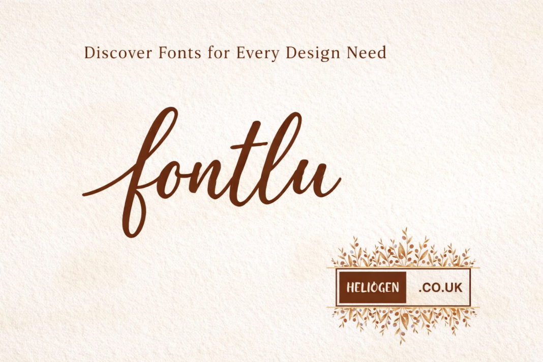 Fontlu script logo with “Discover Fonts for Every Design Need” tagline on beige background.