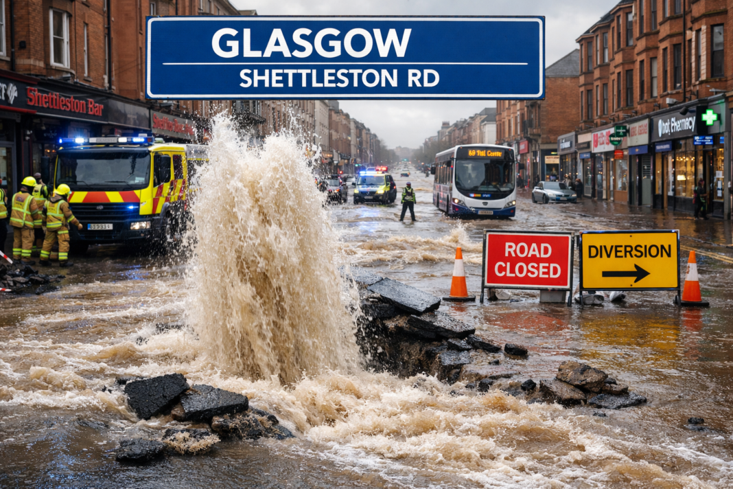 Glasgow water main break on Shettleston Road flooding the street