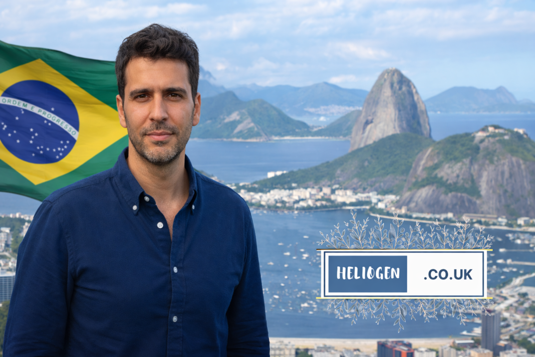 Hugo Bachega nationality – journalist standing with Brazil flag and Rio de Janeiro skyline