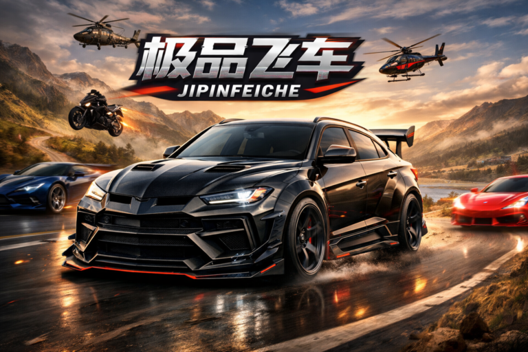 Jipinfeiche high-performance black sports car racing on mountain road with helicopters and supercars