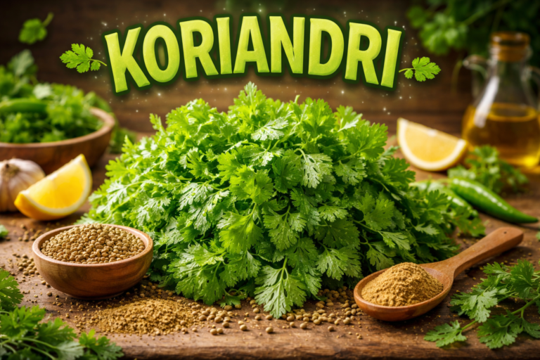 Fresh koriandri leaves with coriander seeds and powder on wooden table