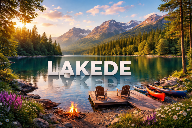 Lakede mountain lake with wooden dock, campfire, and canoes at sunset