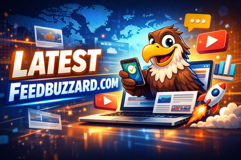 Latest feedbuzzard com digital news platform with mascot and media icons