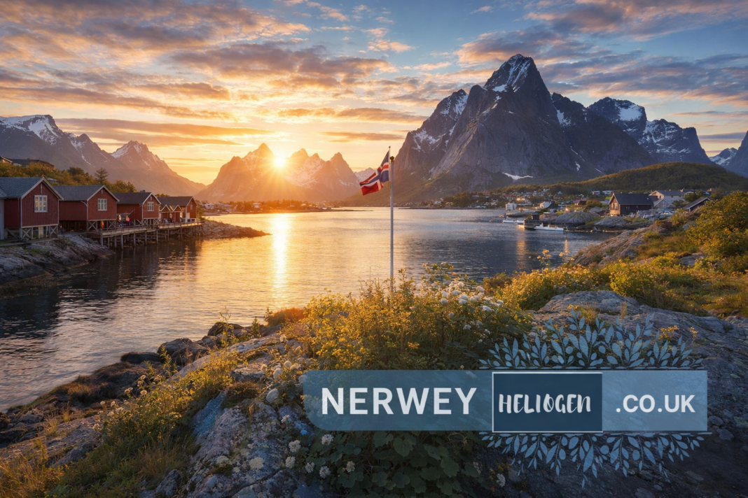 Nerwey scenic fjord village at sunset with mountains and waterfront cabins