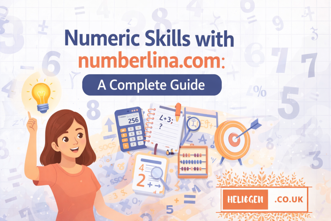 Illustration promoting numberlina.com with a student, calculator, math notebook, and target board.