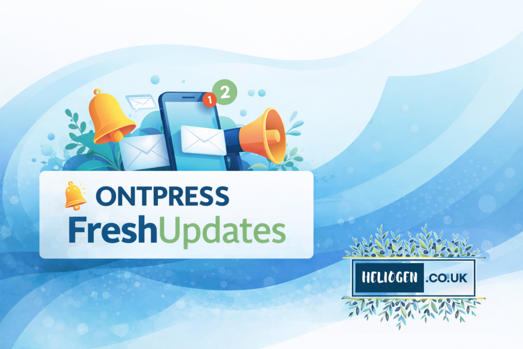 Ontpress FreshUpdates banner with smartphone, notification bell, emails, and megaphone illustration.