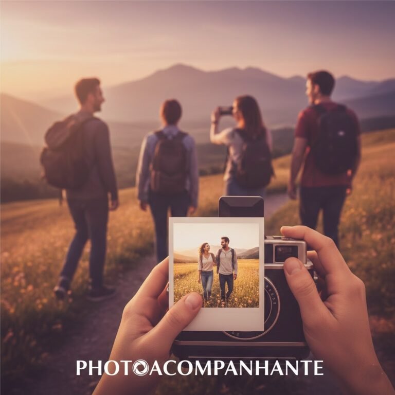 Photoacaompanhante capturing friends hiking at sunset with instant camera