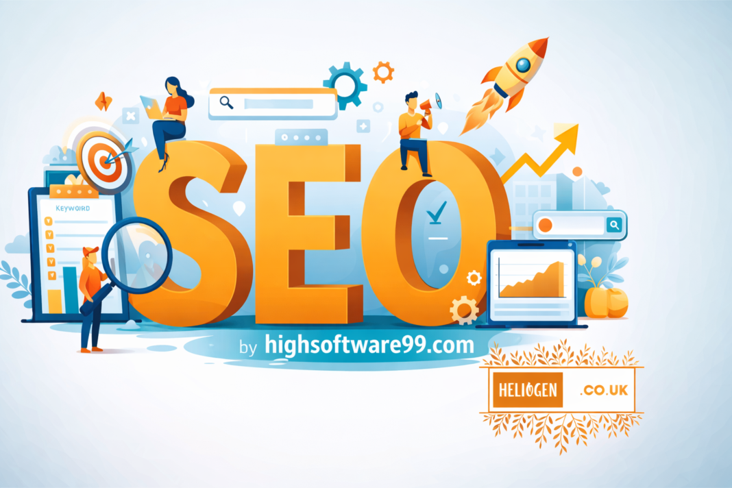 SEO illustration with charts, rocket, and magnifying glass