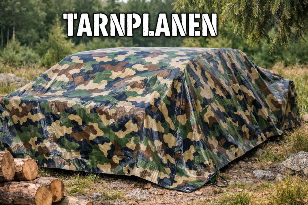 Tarnplanen camouflage tarp covering gear in forest campsite