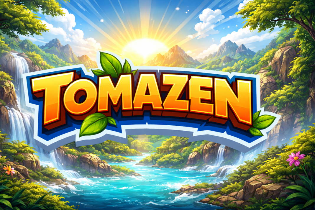 Tomazen colorful logo over scenic mountain and waterfall landscape