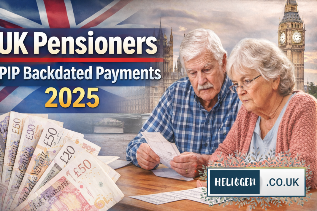 Elderly UK couple reviewing paperwork about PIP backdated payments 2025 with cash and Big Ben in background.