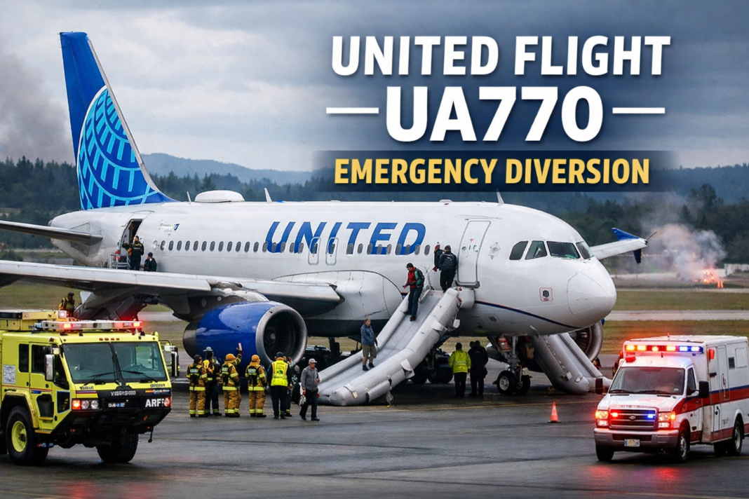 United Airlines flight UA770 emergency diversion with passengers evacuating aircraft