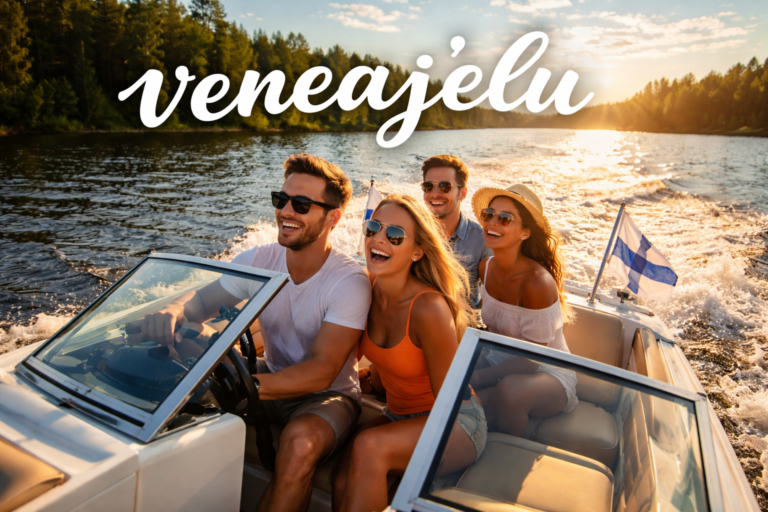 Friends enjoying veneajelu on a sunny lake