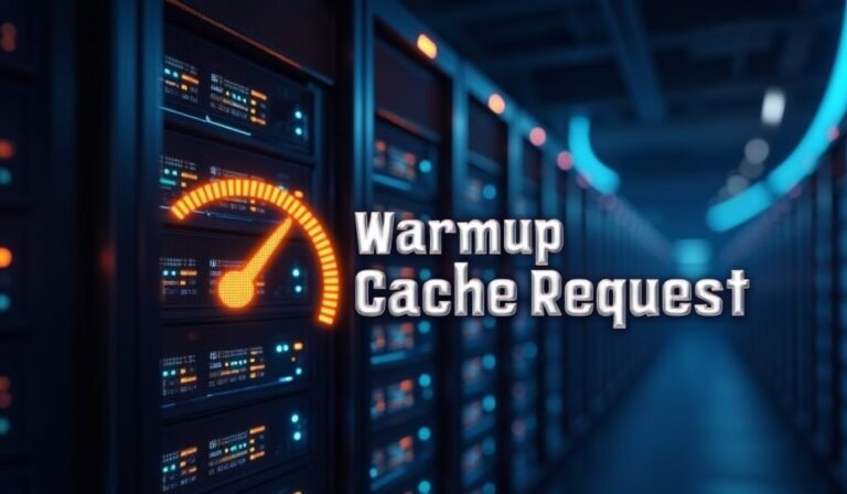 Warmup cache request concept with server racks and performance speed meter