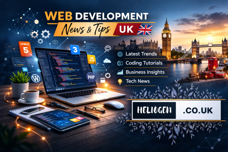 Web development businessnewstips UK – laptop and tablet showing coding with London skyline