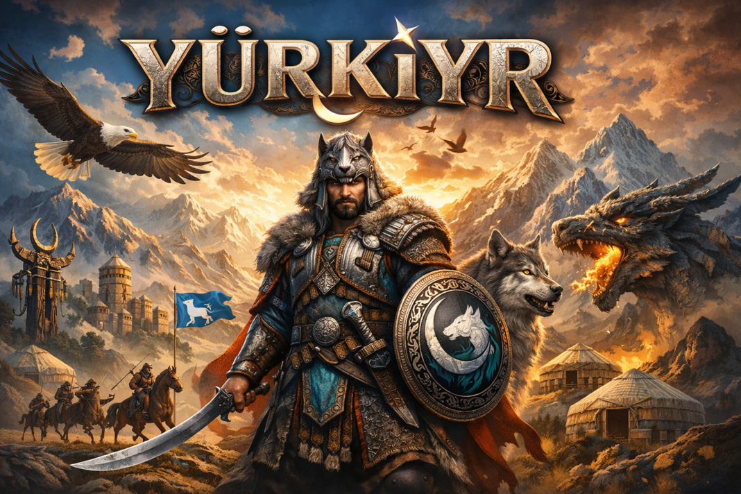 Yürkiyr fantasy warrior with wolf and dragon in epic mountain scene