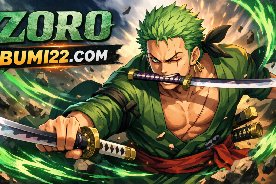Zoro in action pose with dual swords and green energy effects – bumi22.com