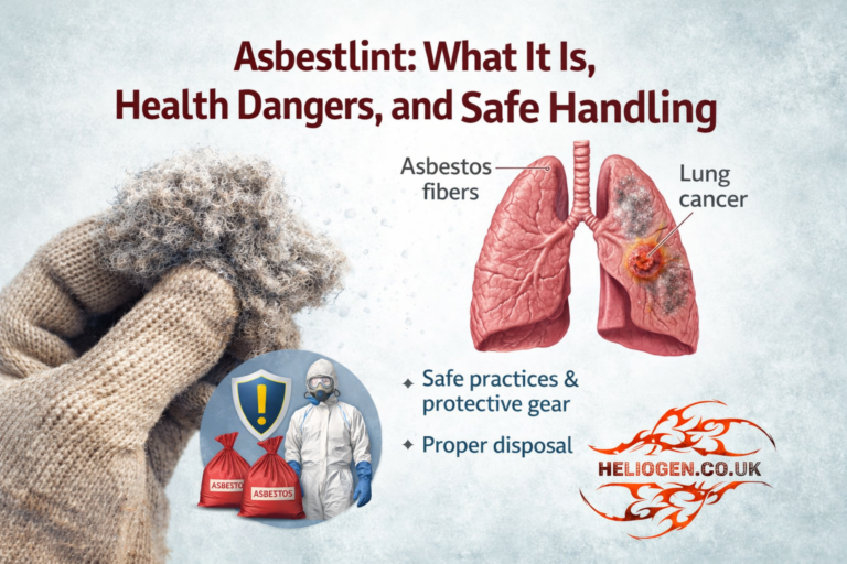 Asbestlint infographic showing asbestos fibers, lung damage risks, and safe handling practices