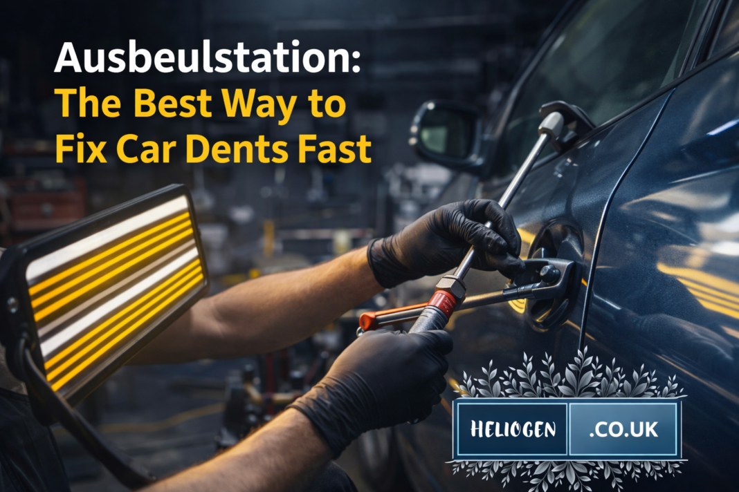 Ausbeulstation technician fixing a car dent quickly using paintless dent repair tools.