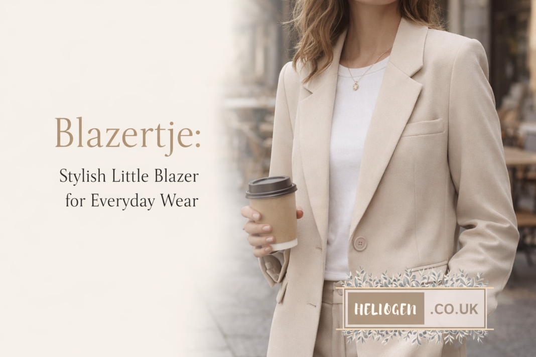 Blazertje beige little blazer styled with white top for everyday wear