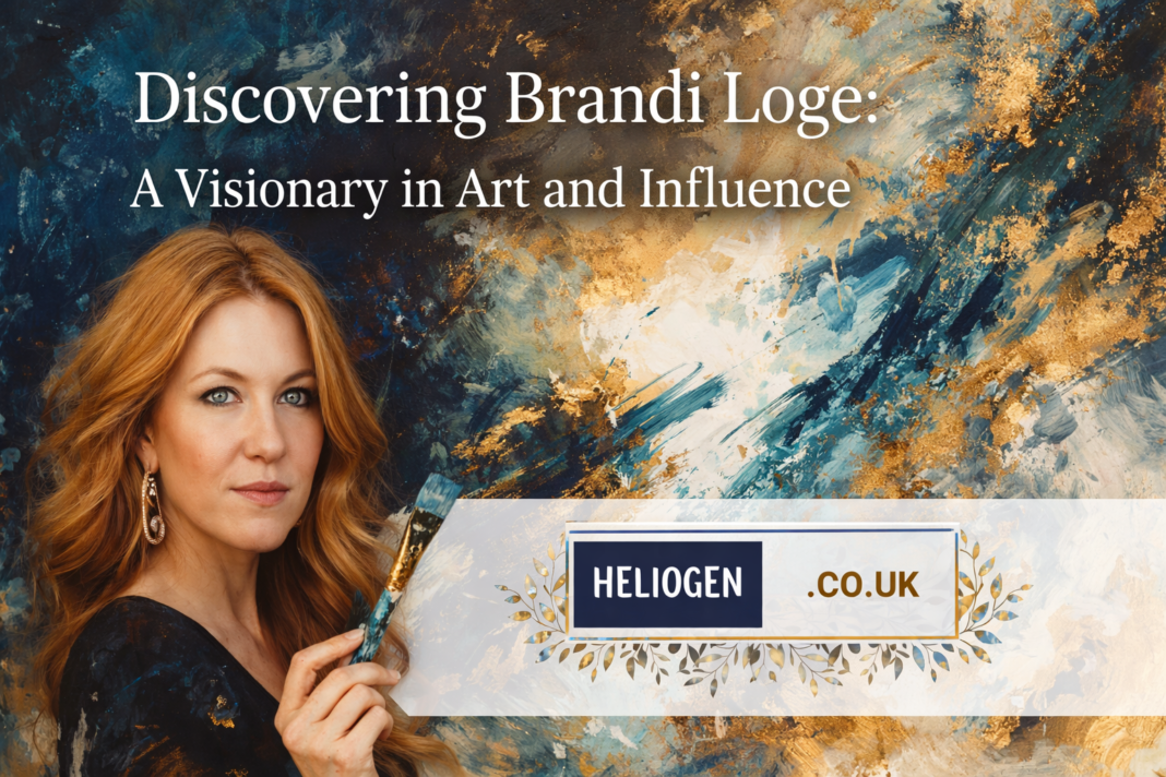 Brandi Loge portrait with abstract blue and gold artwork background.