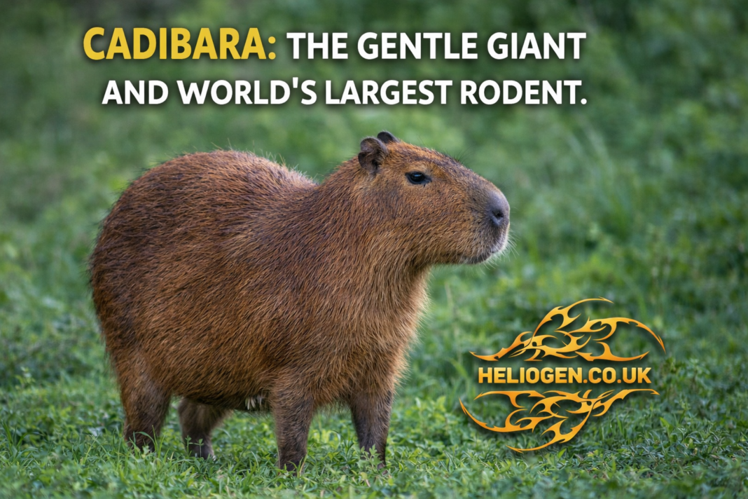 Capybara standing in green grass with title Cadibara The Gentle Giant and World’s Largest Rodent