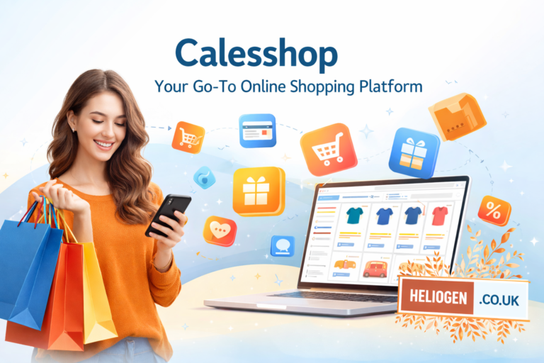 Woman shopping online on Calesshop using smartphone with laptop displaying products and shopping icons.