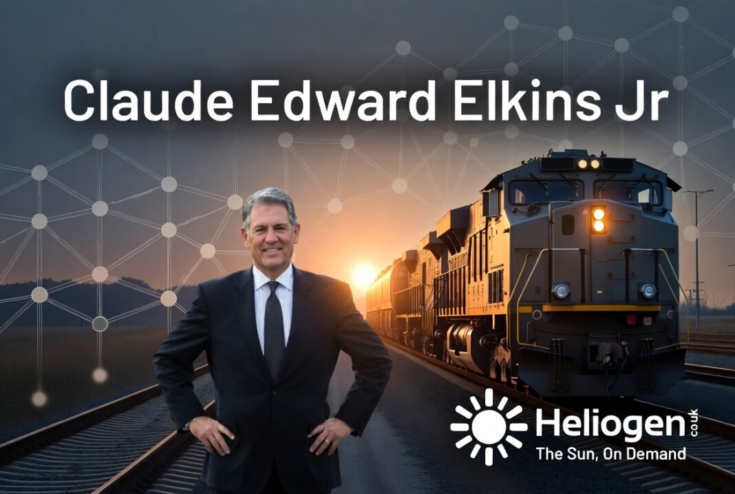 Claude Edward Elkins Jr railroad executive banner with Heliogen logo