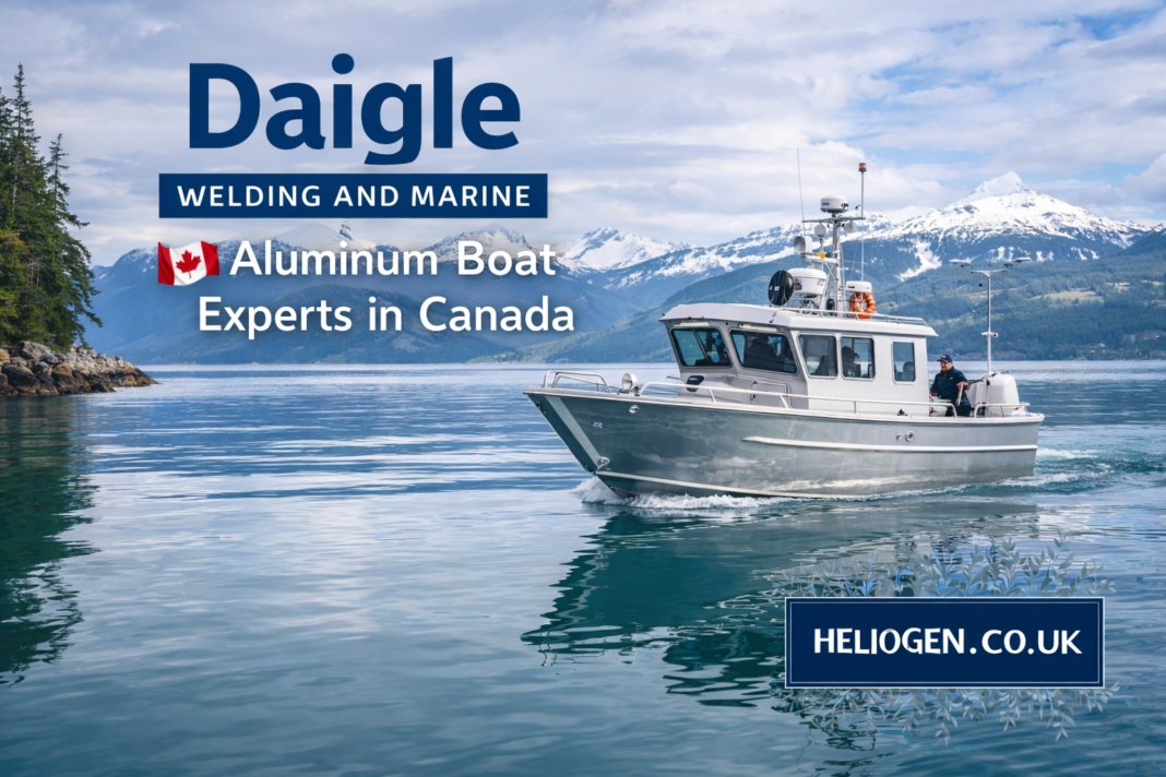 Aluminum boat cruising on calm Canadian waters with snowy mountains in the background.
