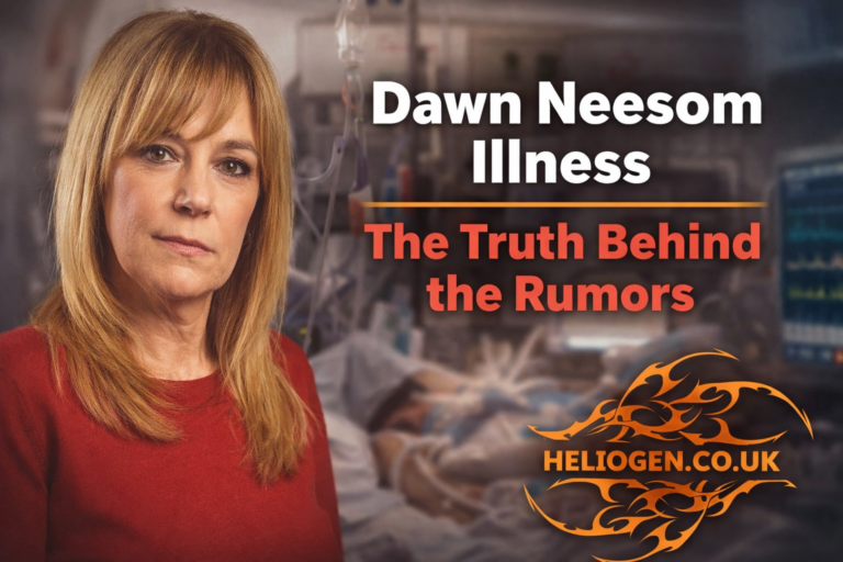 Dawn Neesom illness rumors news-style graphic with hospital background