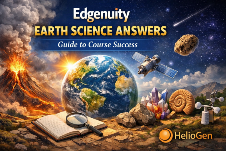 Edgenuity Earth Science Answers guide with volcano, planet Earth, satellite, and geology elements
