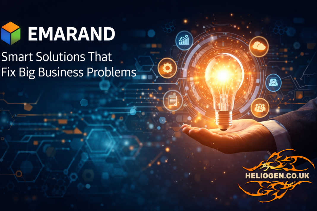 Emarand smart solutions business innovation graphic with lightbulb and tech icons.