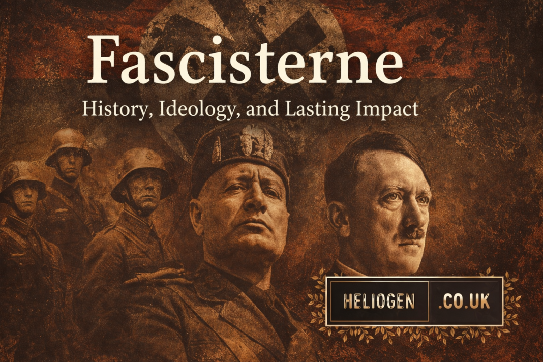Fascisterne concept image showing historical fascist leaders and symbols representing fascism’s ideology and impact.