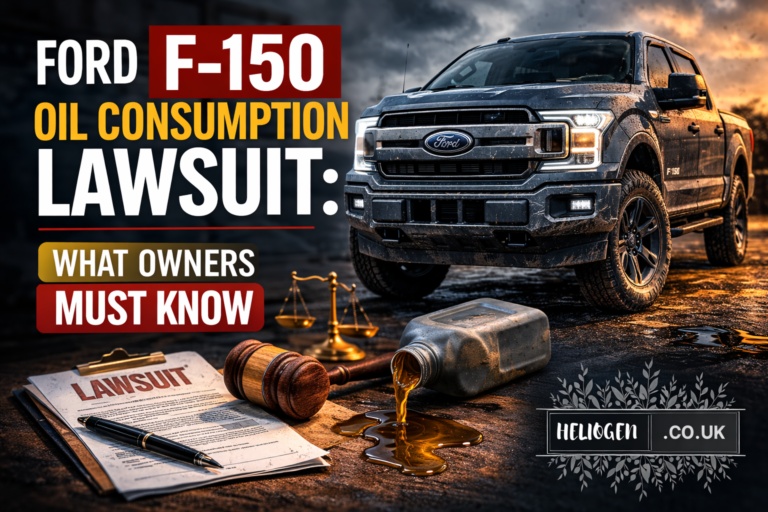 Ford F-150 truck with oil spill and lawsuit documents highlighting oil consumption lawsuit.
