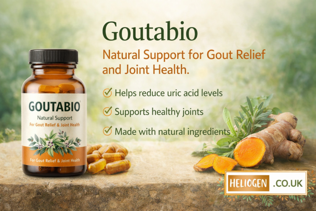 Goutabio natural supplement bottle for gout relief and joint health with herbal ingredients.