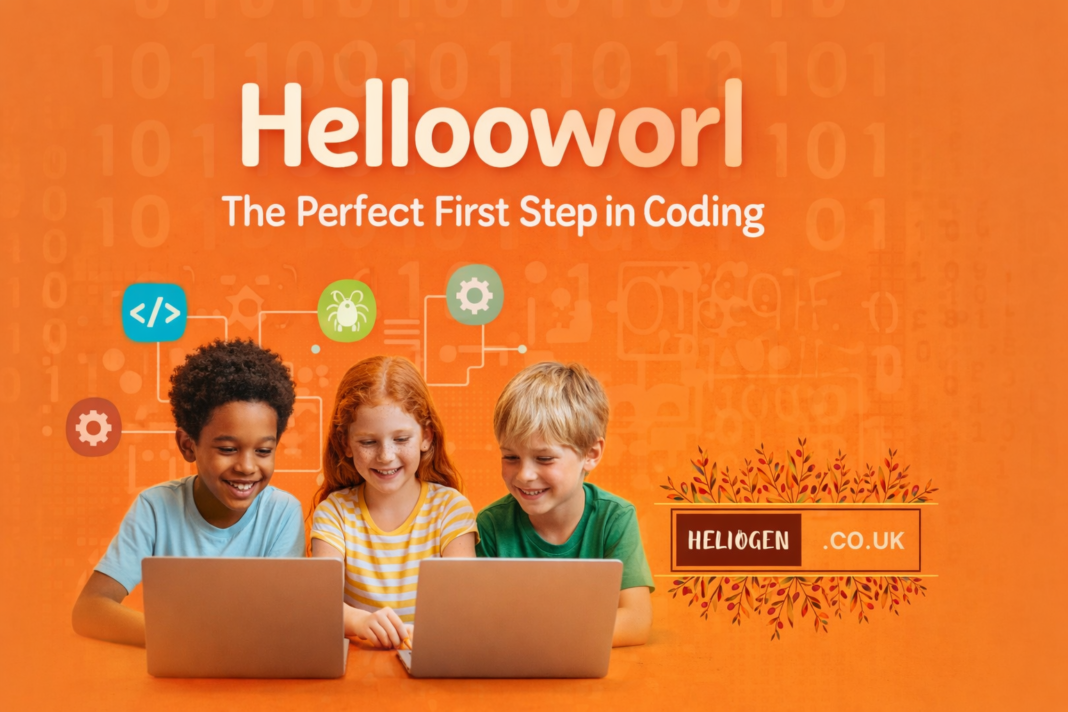 Hellooworl coding concept with kids learning programming on laptops.
