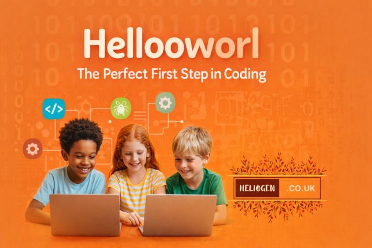 Hellooworl coding concept with kids learning programming on laptops.