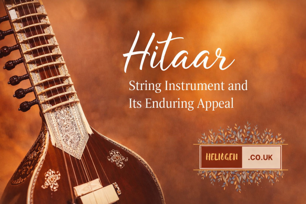 Hitaar string instrument with warm artistic background showing traditional sitar music theme