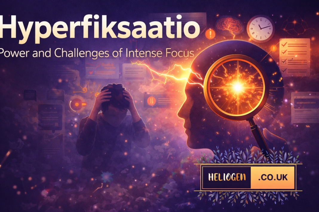 Hyperfiksaatio concept showing intense mental focus with a glowing brain under a magnifying glass and a stressed person in the background.