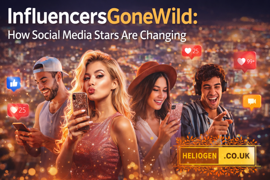 Influncersgonewild social media influencers with smartphones and engagement icons