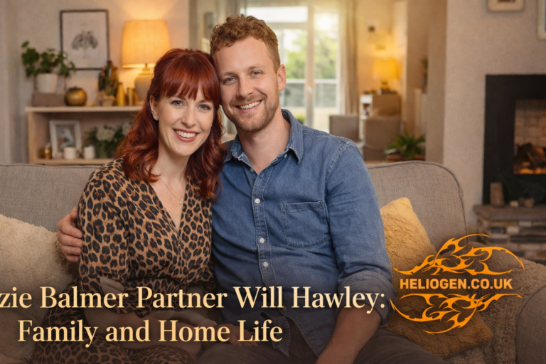 Izzie Balmer and partner Will Hawley sitting together at home, smiling warmly.