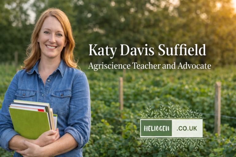 Katy Davis Suffield agriscience teacher standing in a farm field holding books