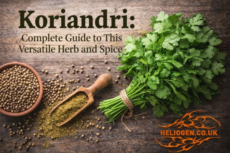 Koriandri herb and spice guide with fresh coriander leaves, seeds, and powder on wooden background
