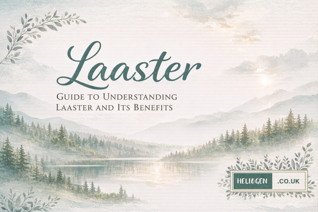 Laaster guide banner with serene mountain lake landscape background