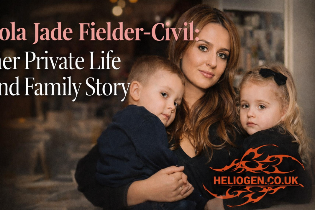 Lola Jade Fielder-Civil holding her young son and daughter, smiling gently.