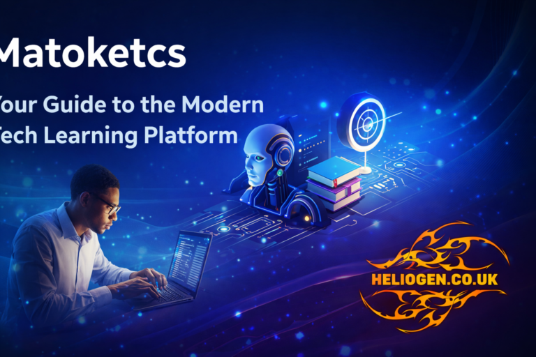 Modern tech learning platform banner featuring Matoketcs branding, AI elements, and laptop user