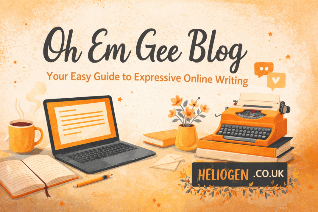 Oh Em Gee Blog creative writing workspace illustration with laptop and typewriter