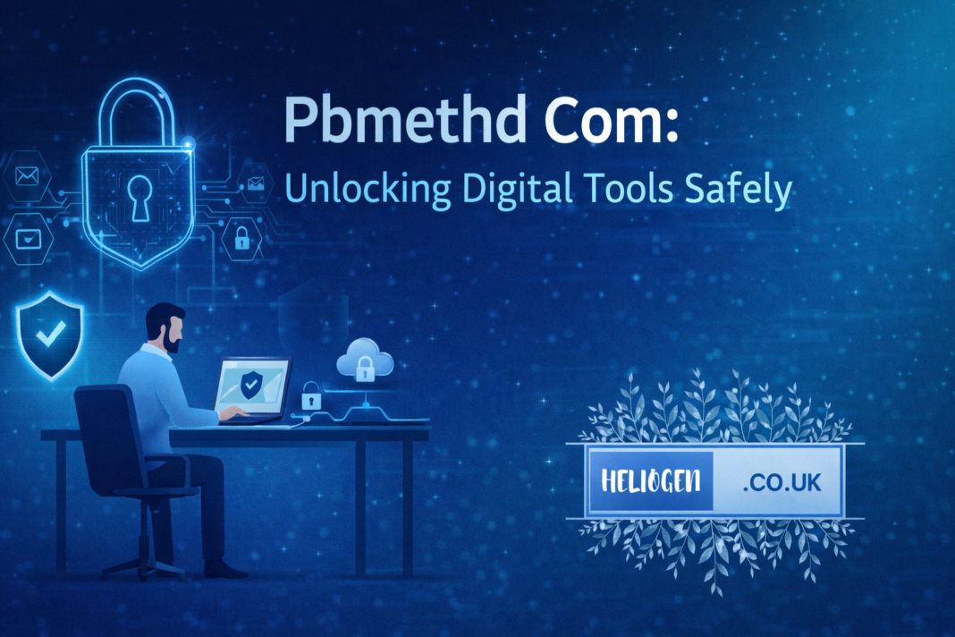 Pbmethd Com digital security concept showing a person using a laptop with lock and cybersecurity icons.