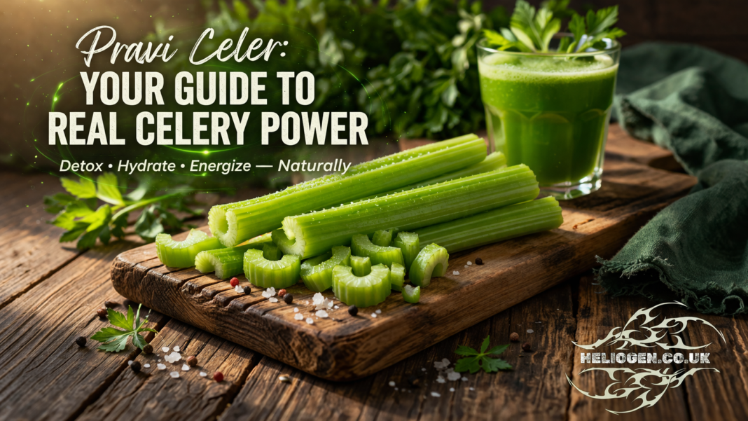 Pravi Celer fresh celery sticks and green juice promoting natural health benefits