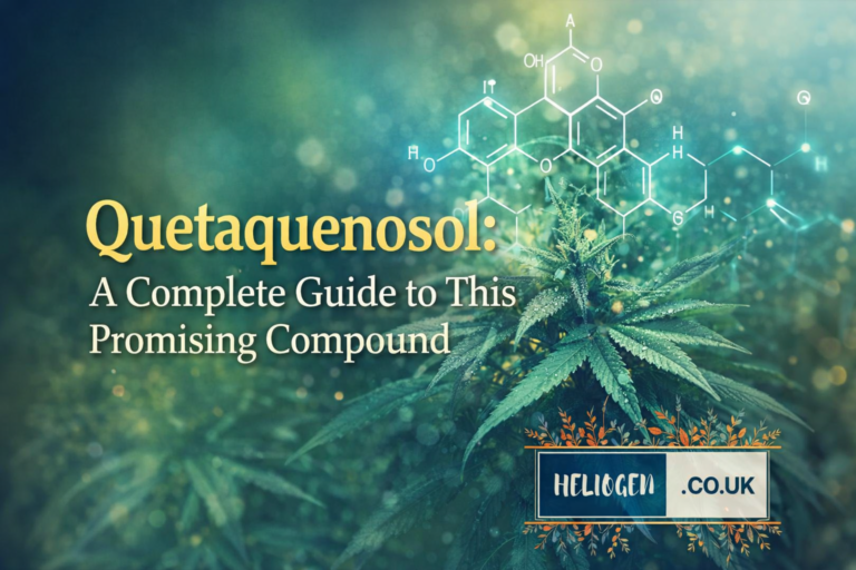 Quetaquenosol guide with cannabis plant and chemical structure background.